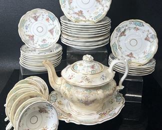 Fine Antique Basket of Flowers Floral Patterned Gilt Rimmed China Tea Cups, Saucers, Tea Pot, and Plate lot