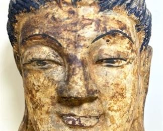 18" High Antique Hand carved Wood Painted Buddha Head