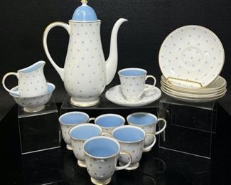 Susie Cooper Star Burst Blue Star Gold Trim Fine Bone China Tea Pot, Tea Cups, Saucers, and Creamer MCM Mid Century Modern