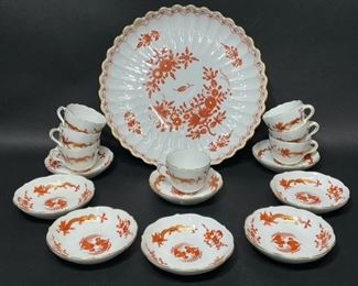 Fine MeiSSEN Ming Dragon  PORCELAIN China  and BEAUTIFUL ORANGE & GOLD ACCENT  SERVING dish  & set of 8 cups & saucers