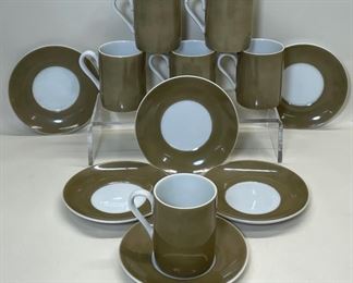 Rare Freeman Lederman, Kenji Fujita, White & Brown Porcelain set of 6 tea or coffee cups & saucers