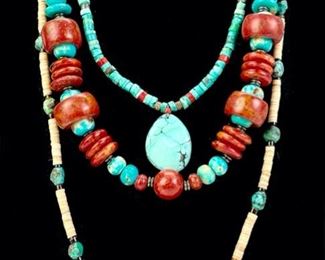 3 Vintage Tribal Turquoise, Coral, & Bone Beaded Necklaces Possibly Native American