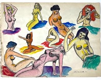 JB Ziegler 1955 Sexy Lady  Tatoo ART Ink and Watercolor Figure Drawings on Paper. Pair of artworks. Signed