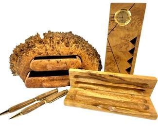 Dave Morrison Live Edge Big Leaf Maple Burl Wood Drawers, Howard Griffiths Modern Abstract Quartz Burl Wood Clock, and Burl Wood Pen and Pencil Set With Matching Case