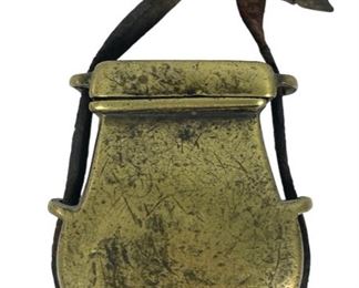 Antique French Brass Gunpowder Flask and Leather Strap