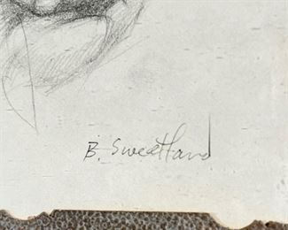 BRIAN SWEETLAND (American, 1952-2013)  |                         Sleeping woman
Pencil on paper
4.5 x 6.25 in. (sight)
A sketch showing the face and hand of a female figure
Pencil signed lower right
w. 10 x h. 11.25 in. (frame)