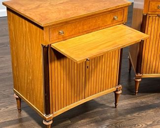 J. S. FURNITURE NIGHT STANDS  |                          Beautifully figured wood veneer, concave fronts, full width drawer over a slide out over cabinet doors inlaid in contrasting woods, the sides set with full columns, on turned tapering feet - l. 26 x w. 18 x h. 31.5 in.