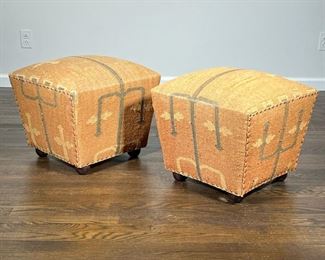 (2pc) PAIR KILIM OTTOMANS  |                                                        Kilim upholstered footstools, with cushioned tops and brass tacks, made in India - l. 18 x w. 18 x h. 17 in.
