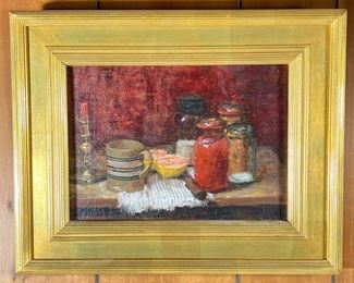 STILL LIFE ON CANVAS  |                                              Tabletop still life oil painting on canvas in gilt frame, showing jars and grapefruit, apparently unsigned - w. 20 x h. 16 in. (frame)
