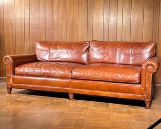 RALPH LAUREN LEATHER SOFA   |                                                        Chestnut brown leather with brass tacks - l. 90 x w. 41 x h. 31 in.