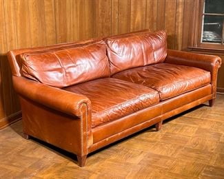 RALPH LAUREN LEATHER SOFA   |                                                        Chestnut brown leather with brass tacks - l. 90 x w. 41 x h. 31 in.