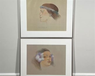 (2pc) PEGGE HOPER (b. 1936)   |                                                  Pair of mixed media drawings on paper, each framed behind glass; one depicting a girl with island flowers in her hair, the other depicting the same girl with a headband; both signed and dated by Hawaiian artist "Pegge Hopper 1981" - w. 24 x h. 20 in. (frame)
