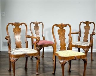 (4pc) JAS. SCHOOLBRED CARVED CHAIRS   |                    Jason Schoolbred, Tottenham Court Rd. London W.1. -  Including two armchairs and two side chairs; haivng scroll carved crest rail over vasiform splat, with shell and acanthus carved knees
- l. 19 x w. 21 x h. 39 in.