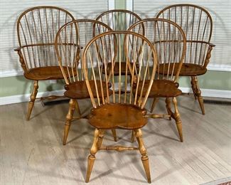 (6pc) D.R. DIMES WINDSOR CHAIRS  |                                     Two arm chairs, and four side chairs in light colored wood all stamped DR Dimes - l. 22 x w. 25 x h. 41 in.
