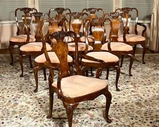 (10pc) CARVED DINING CHAIRS  |  Queen Anne style, two arm chairs, and eight side chairs, with patterned scroll carved crest rails with tassels, urn form splat, shell and tassel carved knees, cabriole legs on pad feet; possibly Smeg / Kotzian but with no apparent makers label - l. 24 x w. 24 x h. 38.5 in. (armchair)

