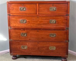 ANTIQUE CAMPAIGN CHEST OF DRAWERS  |  Antique campaign chest of drawers, stackable and separates into two parts; brass hardware, 5 drawers - l. 39 x w. 17 x h. 39 in. (overall)
