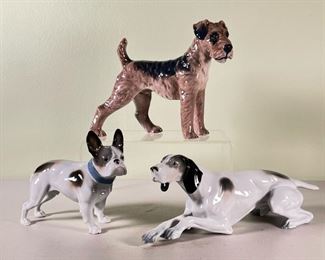 (3pc) PORCELAIN DOG TRIO  |  Dahl Jensen Airedale Terrier #1079; Vintage Metzler Ortloff French Bulldog; porcelain Great Dane marked Germany - l. 8 x h. 6 in. (terrier)