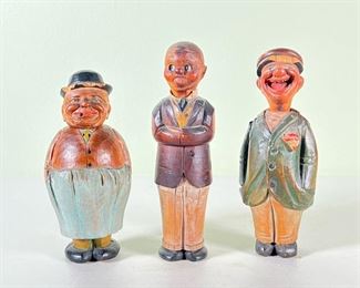 (3pc) ANRI THREE STOOGES  |  Three wood carved funny guys with detachable heads revealing: cork stopper, bottle opener, and corkscrew; sticker says "Anri made in Italy" - h. 6 in. (tallest)