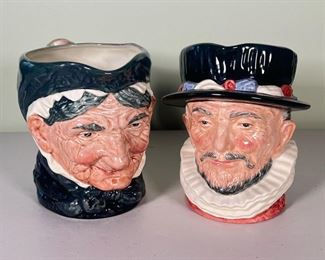 (2pc) OLDTIMER TOBY JUGS  |  Royal Doulton handled Toby jugs; one is the classic "Granny"; the other is "Beefeater" - l. 8 x w. 4 x h. 6 in. (Granny)

