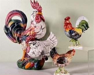 (3pc) PORCELAIN ROOSTERS  |  Porcelain rooster figures; including a separate rooster and hen set and one large rooster and hen sculpture - l. 10 x w. 6 x h. 13 in. (largest)