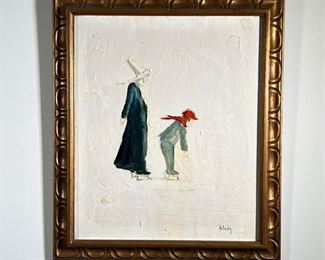 BILL MCCAULEY  |                                                                                        Nun with Boy on Ice Skates
Oil on canvas
Signed lower right
20 x 24 in. (stretcher)
w. 24 x h. 28 in. (Frame)