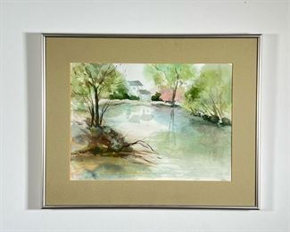 LYNN TRAVIS STENDER  |                                            
Lakeside scene of a house
Watercolor on arches paper
14.5 x 10.75 in. (sight)
With artist's business card on verso
w. 20 x h. 16 in. (frame)
