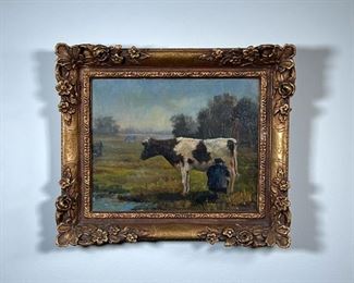 GERMAN SCHOOL PAINTING OF A COW  |                             Farmer milking a cow
Oil on canvas
Signed lower right
12 x 10 in. (stretcher)
In a gilt carved frame
w. 16 x h. 13.5 in. (Frame)
