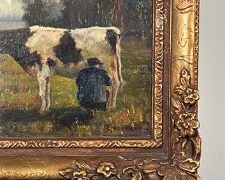 GERMAN SCHOOL PAINTING OF A COW  |                             Farmer milking a cow
Oil on canvas
Signed lower right
12 x 10 in. (stretcher)
In a gilt carved frame
w. 16 x h. 13.5 in. (Frame)