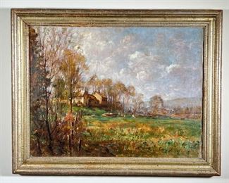 OIL ON CANVAS FARMSCAPE  |                                                            Countryside scene
Oil on canvas
Signed lower left, "Clark
Showing a fence leading across a field to a gathering of structures
26 x 20 in. (stretcher)
w. 30.5 x h. 24.5 in. (frame)
