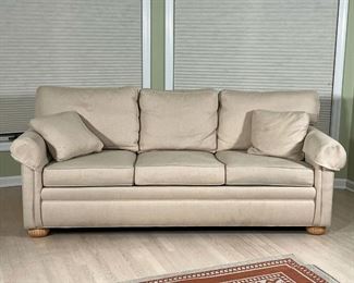 ETHAN ALLEN UPHOLSTERED SOFA  |  Made in 2016, down cushions (one of two matching sofas in the auction) - l. 82 x w. 37 x h. 36 in.