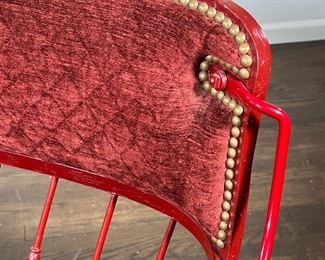 CARRIAGE SEAT  |  Refinished carriage seat with red velvet uphostered seat and backrest, fashioned into a bench - l. 43 x w. 18 x h. 34.5 in.

