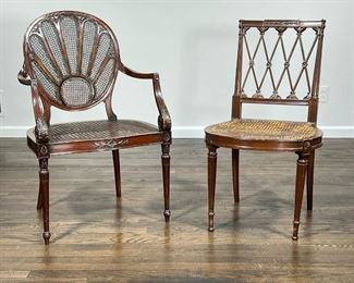 (2pc) CANE CHAIRS  |  Including a Druge & Co cane armchair ornately carved and a regency style side chair with a cane seat [caning worn] - l. 21 x w. 18.25 x h. 35.5 in. (armchair)