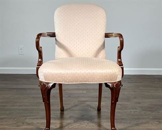GEORGIAN ARMCHAIR  |  Southwood Hickory, North Carolina, bent dark wood arms, over cabriole legs, with nice, clean upholstery, labeled on underside - l. 27 x w. 23.5 x h. 36 in.