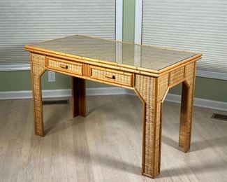 WICKER DESK  |  Wicker & bamboo-style writing table having two drawers with an inset glass top - l. 48 x w. 24 x h. 30 in.
