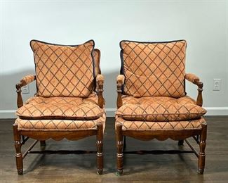 (2pc) PAIR FRENCH COUNTRY ARMCHAIRS  |  Provincial style, with contemporary upholstery in excellent condition - l. 25 x w. 27 x h. 32 in.
