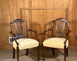 (2pc) HARP BACK CHAIRS  |  Carved wood armchairs - l. 22 x w. 21 x h. 38 in.