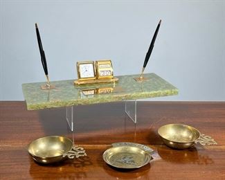 (4pc) GREEN ONYX DESK SET  |  Heavy green onyx desk set featuring a clock and date display (the clock marked "LORN") with two pen holders; also includes three brass catchall dishes - l. 18 x w. 8 x h. 9 in. (desk set)