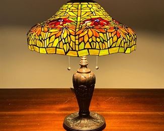 FLORAL STAINED GLASS LAMP  |  Tiffany style stained glass shade on a pressed metal base - h. 24 x dia. 18 in. (overall with shade)