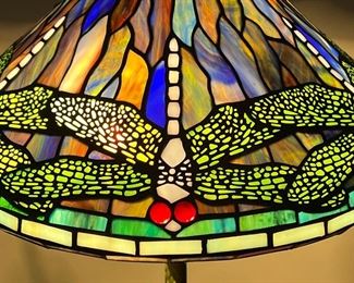 TIFFANY STYLE DRAGONFLY LAMP  |  After Tiffany studios, dragonfly decorated stained glass shade with six dragonflies on a blue background - h. 22 x dia. 16 in. (overall with shade)