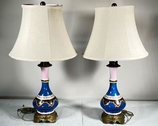 (2pc) PAIR FRENCH PORCELAIN LAMPS  |  Gilt, glazed, and jeweled point bottle form ceramic lamps with chased brass mounts - h. 29 x dia. 15 in. (overall)
