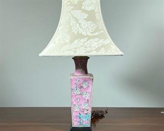 ENAMELED JAPANESE LAMP  |  Of square tapering form, pink enamel background with yellow birds in flight among blossoming branches, with a square tapered floral shade - l. 15 x w. 15 x h. 30 in. (over shade)
