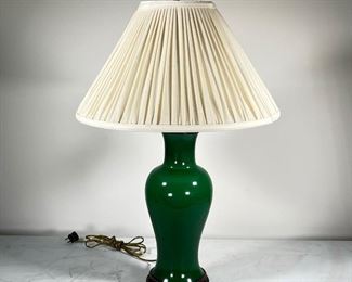 CERAMIC JADE TABLE LAMP  |  Ceramic jade colored table lamp (monochrome green) on a carved wooden base, dual bulb on pull chains, with ruffled shade - h. 31 x dia. 19 in.
