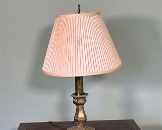 BRASS TABLE LAMP  |  Brass table lamp with etched designs, radial motif with scalloped base, dual bulb on pull chains - h. 27 x dia. 14 in.
