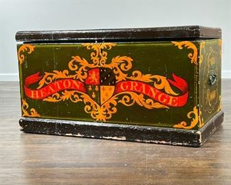 GUN ROOM CHEST  |  Heaton Grange painted chest that reads "Gun Room" on the sides, the top with a scene of "Lord Heston hunting Pheasant on Renstock Hill" - l. 36 x w. 19 x h. 20 in.

