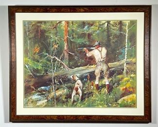 JAMES SESSIONS LITHOGRAPH  |  Print of James Sessions' "Hunter with Dog Shooting Grouse", framed behind glass - w. 27 x h. 33 in. (frame)