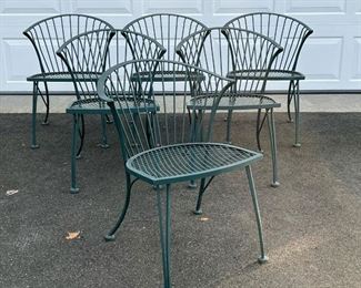 (6pc) CONTEMPORARY PATIO CHAIRS  |  Outdoor furniture - powder coated green metal side chairs, no apparent makers mark - l. 23 x w. 23 x h. 29 in.

