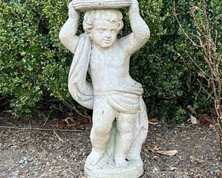 CONCRETE GARDEN FIGURE  |  Young boy, holding a platter over his head, probably a stand for a bird bath or other item - h. 31 in.