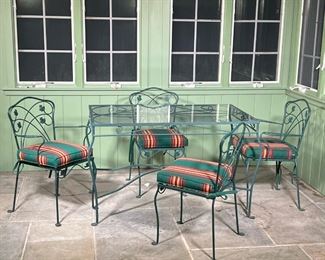 (5pc) PATIO FURNITURE SUITE  |  Outdoor dining set, including a table with a glass top, two arm chairs, and two side chairs - l. 50 x w. 31 x h. 30 in. (table)
