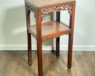 CHINESE SIDE TABLE  |  Inset stone top with open scrollwork decoration and a medial shelf - l. 16 x w. 12 x h. 32 in.