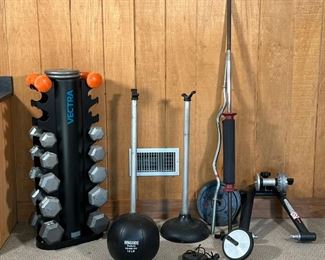 (27pc) WORKOUT EQUIPMENT  |  Perfect start to an in-home gym: including a barbell, an adjustable ez bar, stretching pole, two 10 lbs. plates, two 22 lbs. plates, stationary bike stand, ab roller, one 5 lbs. plate, fore arm trainer, portable barbell stands, dumbbell set (12, 15, 20, 25, 35 lbs), dumbell stand, 12 lbs medicine ball. - l. 15 x w. 8 x h. 41 in. (barbell stand)
